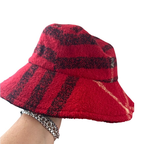 Burberry Red Black Plaid Wool Blend Bucket Hat Women's Size Small Medium - Picture 2 of 11